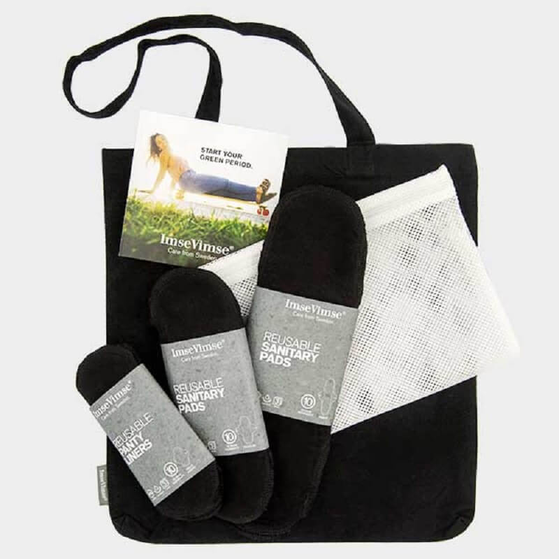 Kit de démarrage serviettes hygiéniques lavables, sac & filet - Noir